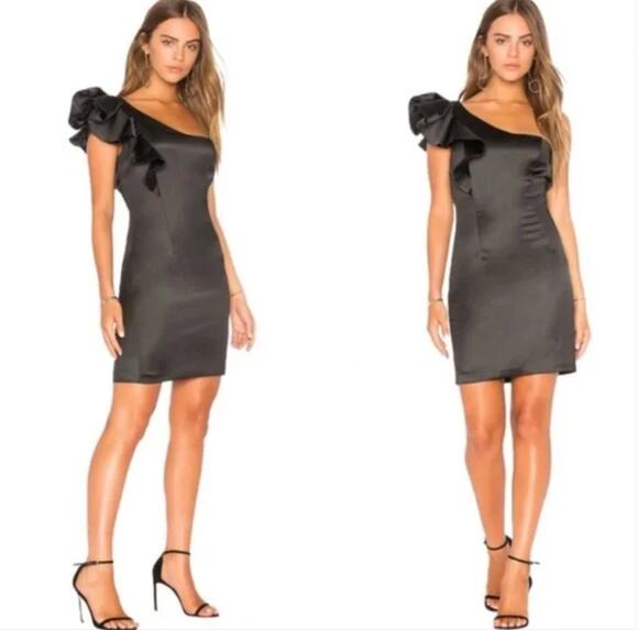 Bardot Dresses & Skirts - BARDOT | Black Satin One Shoulder Ruffle Sleeve Mini Cocktail Dress LBD | Size 6